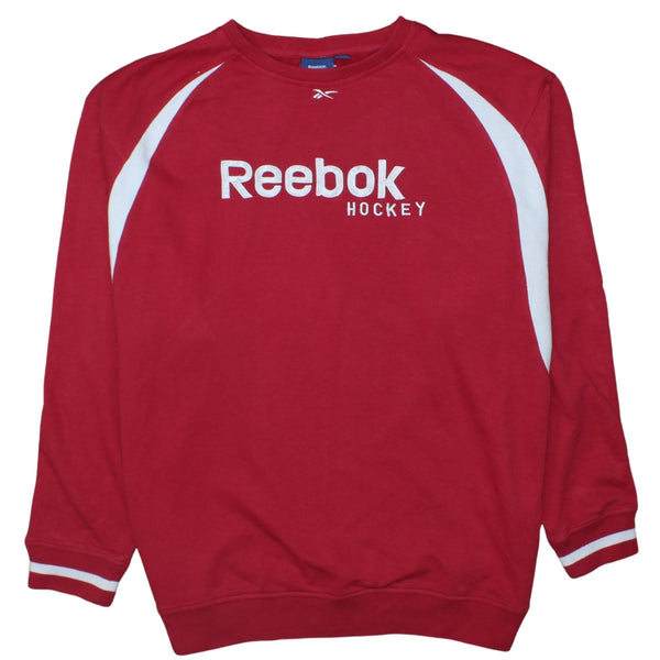 Reebok Red Sweatshirt Men’s XLarge Embroidered Hockey Logo White Stripe Sleeves Pullover Top