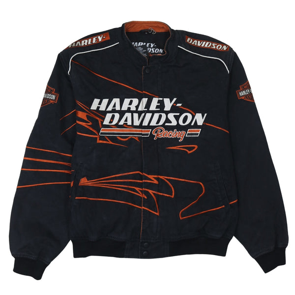 Harley Davidson Black Racing Jacket Men's XLarge Embroidered Logos Flame Graphics Outerwear