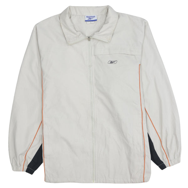 Reebok Beige Cream Windbreaker Jacket Men's Large Orange Piping Printed Logo Track Top