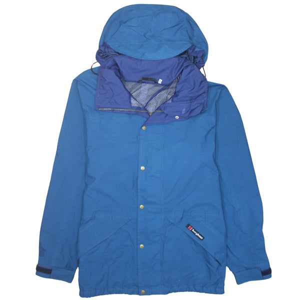 Berghaus Blue Hooded Windbreaker Jacket Men's Medium Mesh Lining Zip Snap Pockets Outerwear