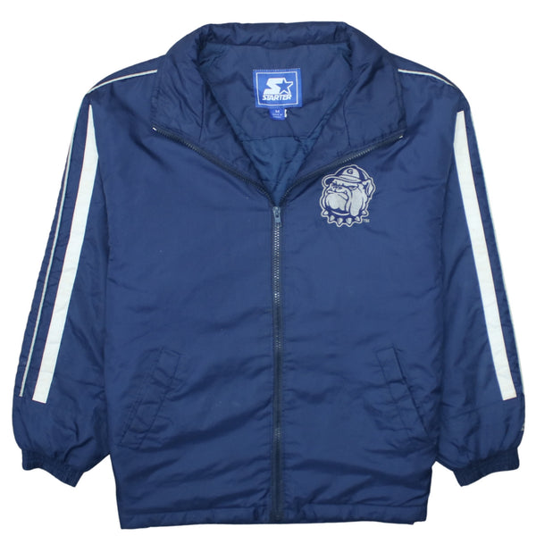 Starter Navy Blue Windbreaker Jacket Men's Medium Bulldog Logo Stripe Sleeves Zip Outerwear