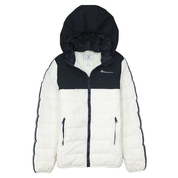 Champion Black White Puffer Jacket Women’s Large Hooded Zip Pockets Embroidered Logo Coat