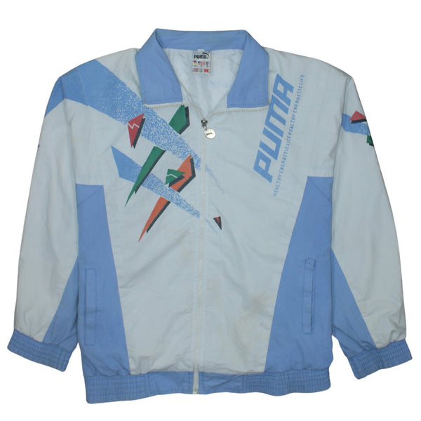 Puma Light Blue Windbreaker Jacket Men's Small Printed Logo Abstract Graphic Track Top