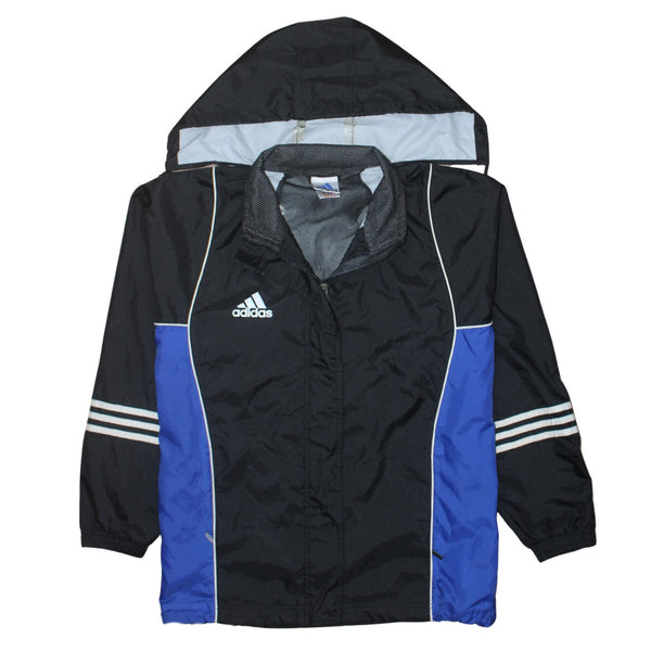 Adidas Black Blue Windbreaker Jacket Men's Large Hooded Three Stripe Sleeves Pullover