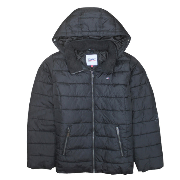 Tommy Jeans Black Puffer Jacket Women’s 2XL Hooded Zip Pockets Small Flag Logo Outerwear