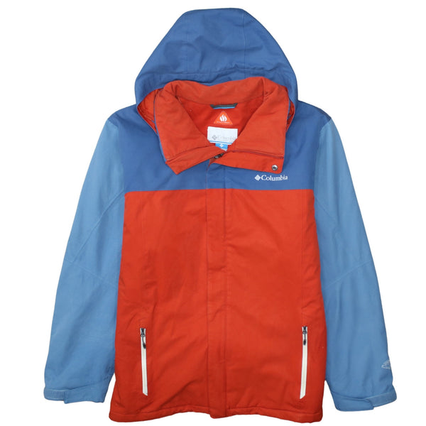 Columbia Blue Red Hooded Jacket Men's Large Zip Pockets Embroidered Logo Outdoor Coat