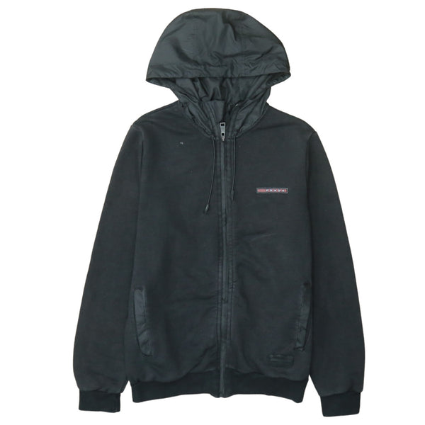 Prada Black Full Zip Hoodie Men's Small Nylon Hood Logo Patch Pocket Sweatshirt