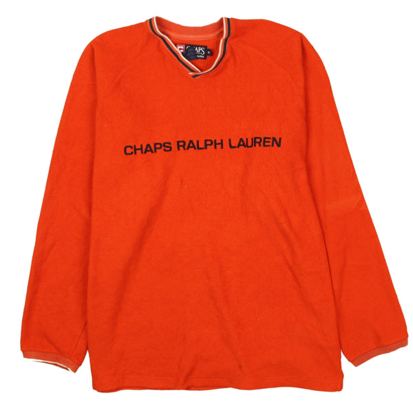 Chaps Ralph Lauren 90's Spellout V Neck Fleece Jumper Medium Orange