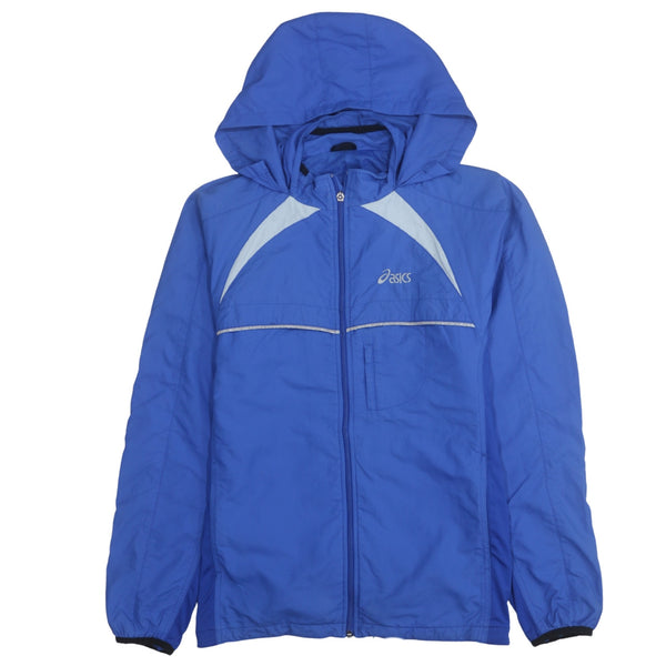 Asics Royal Blue Hooded Jacket Women’s Large Zip Pockets Reflective Panels Windbreaker