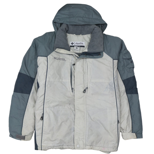 Columbia Beige Grey Hooded Jacket Men's Large Embroidered Logo Zip Pockets Windbreaker Outerwear