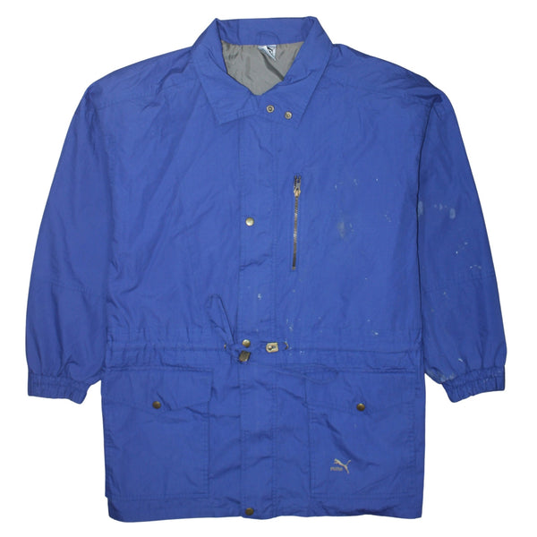Puma Blue Windbreaker Jacket Men’s XLarge Drawstring Waist Zip Pockets Printed Logo Outerwear