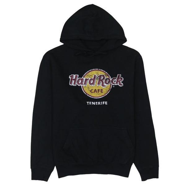 Hard Rock Cafe Black Hoodie Women’s Large Printed Tenerife Logo Fleece Pullover Sweatshirt