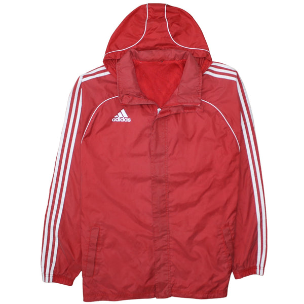 Adidas Red Hooded Windbreaker Jacket Men's Large Three Stripe Sleeves Printed Logo Track Top