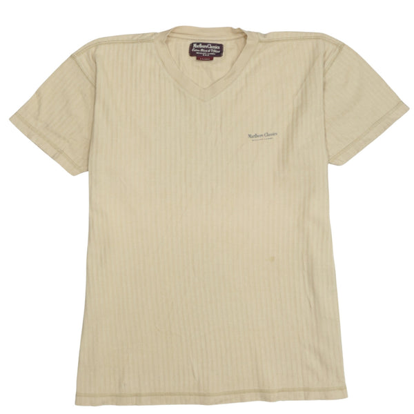 Marlboro Classics Beige Cream T Shirt Men’s XLarge V Neck Subtle Stripe Printed Logo Tee
