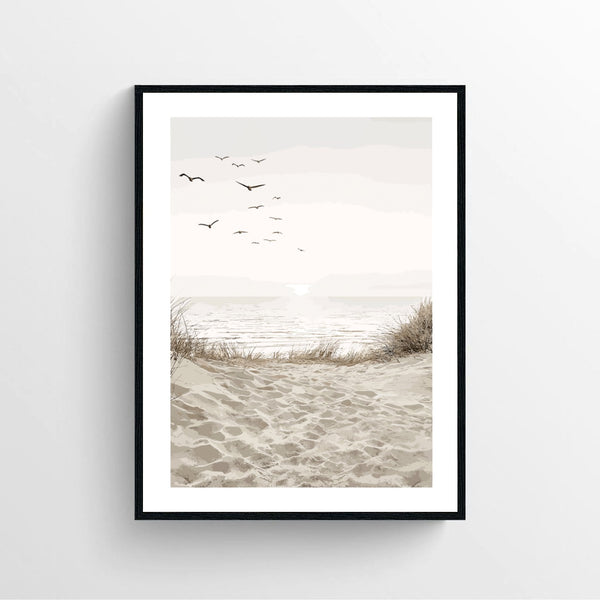 Seagulls Sandy Beach Poster