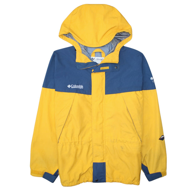 Columbia Yellow Blue Hooded Jacket Men's Large Embroidered Logo Zip Pockets Windbreaker