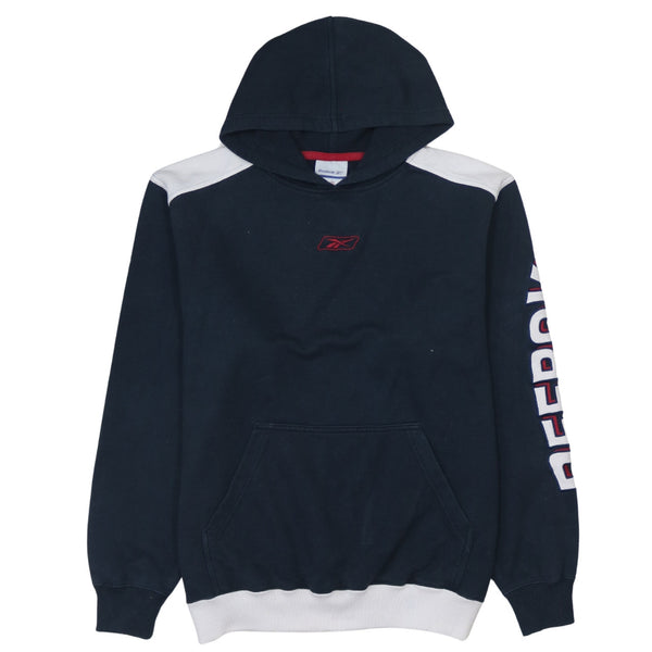 Vintage Reebok 90s Drawstring Hoodie Medium Navy Cotton Pullover