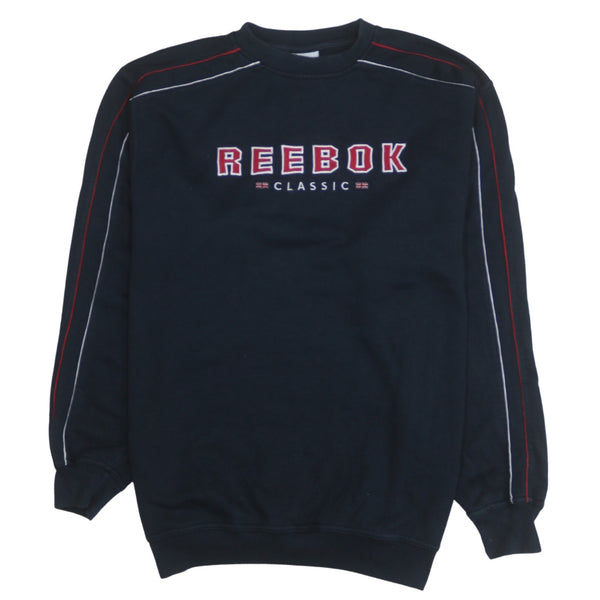 Reebok Navy Blue Sweatshirt Men's Large Embroidered Classic Logo Contrast Sleeve Stripes Pullover