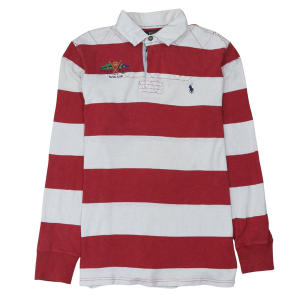Polo Ralph Lauren Red White Rugby Polo Shirt Women’s Large Embroidered Crest Striped Long Sleeve Top