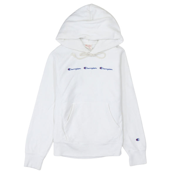 Champion White Hoodie Women’s Medium Embroidered Triple Logo Reverse Weave Pullover Sweatshirt