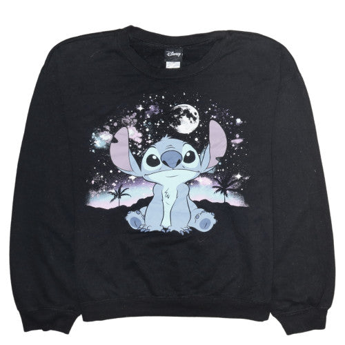 Disney Black Sweatshirt Women’s Large Printed Stitch Graphic Crewneck Pullover Fleece Top