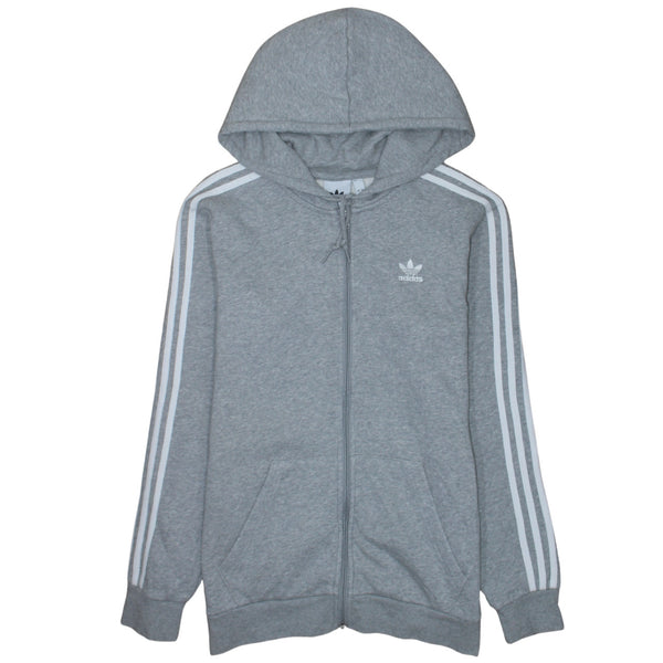 Adidas Grey Zip Hoodie Men's Small Trefoil Embroidered Logo Three Stripe Sleeves Sweatshirt
