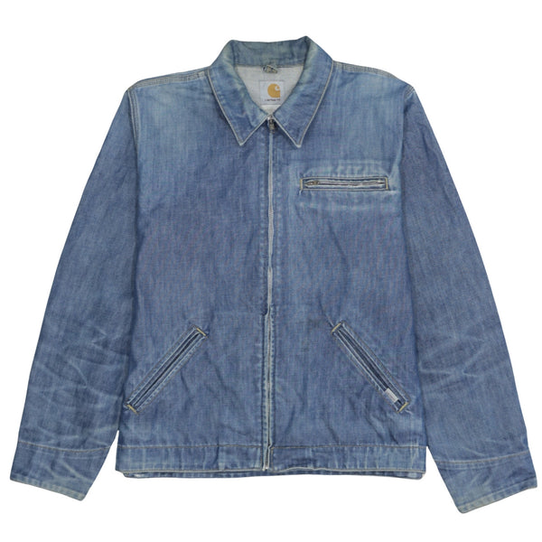 Carhartt Light Blue Denim Jacket Men's Medium Zip Front Pockets Adjustable Hem Workwear Outerwear