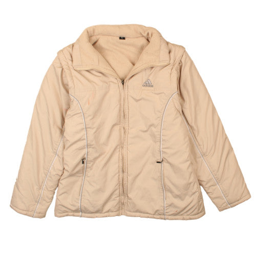 Adidas Beige Cream Jacket Women’s Large Full Zip Fleece Lined Piped Trim Embroidered Logo Outerwear