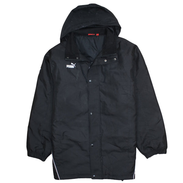 Puma Black Hooded Jacket Men's Large Embroidered Logo Zip Snap Longline Windbreaker Coat