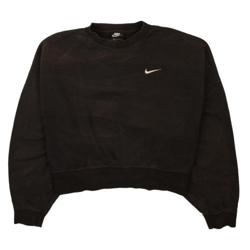 Nike Faded Black Sweatshirt Women's Large Embroidered Swoosh Cropped Ribbed Crewneck Pullover