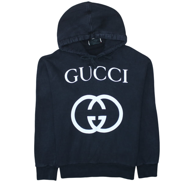 Gucci Black Hoodie Men's Large Printed Front Logo Pullover Sweatshirt