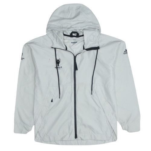 Adidas White Hooded Windbreaker Jacket Men's Small ClimaStorm Zip Three Stripe Back Printed Logo