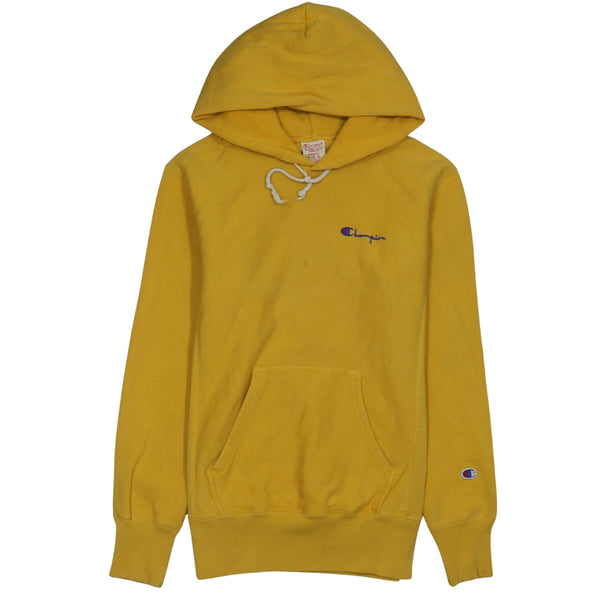 Champion Yellow Hoodie Men’s Small Embroidered Chest Logo Cuff Patch Pullover Sweatshirt
