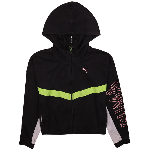 Puma Black Full Zip Hoodie Men’s XSmall Printed Logo Neon Stripe Sleeve Graphic Sweatshirt