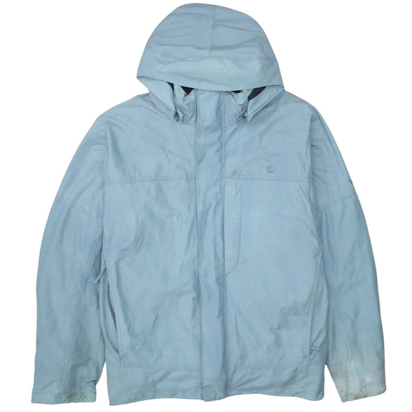 Timberland Light Blue Hooded Jacket Men's Large Zip Pockets Subtle Logo Windbreaker