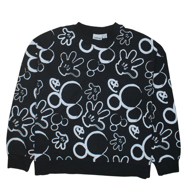 Disney Black Crewneck Sweatshirt Women's Large All Over Mickey Hand Printed Pullover Top