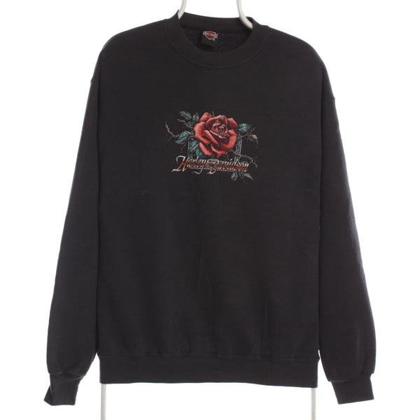 Harley Davidson 90's Crewneck Back Print Rose Sweatshirt Medium Black