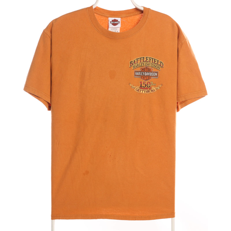 Harley Davidson Motor Cycle 90's Back Print 150th Gettysburg T Shirt Large Orange