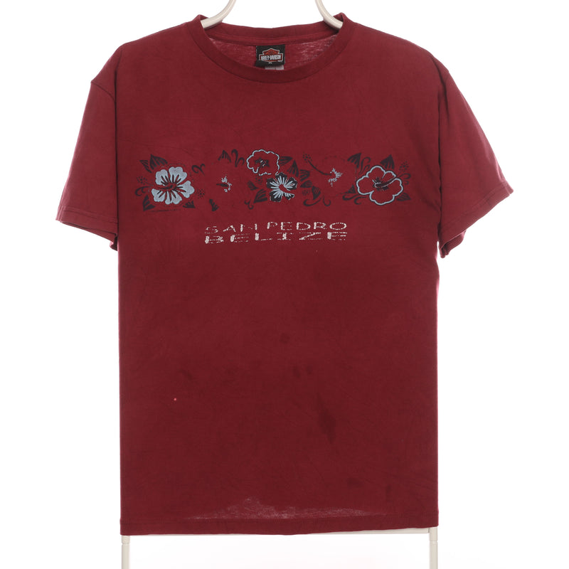Harley Davidson Motor Cycle 90's Spellout Short Sleeve Flower T Shirt XLarge Burgundy Red