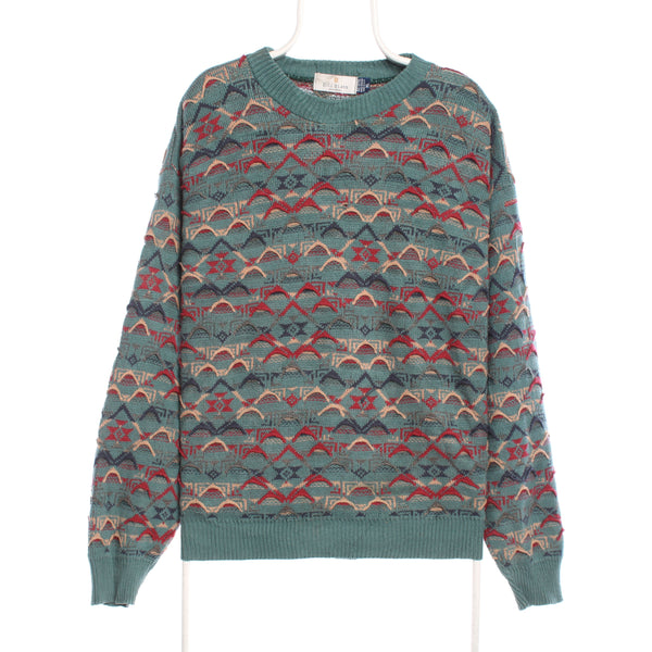 Bill Blass 90's Coogi Style Crewneck Knitted Jumper / Sweater XLarge Blue