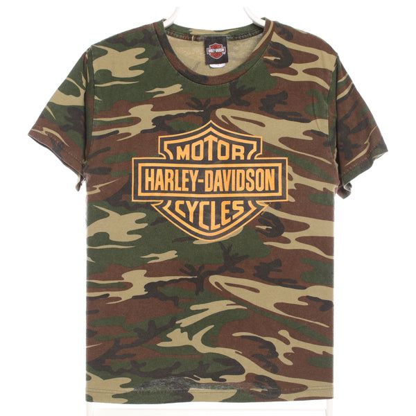 Harley Davidson Motor Cycle 90's Camo Spellout Short Sleeve T Shirt Medium Khaki Green