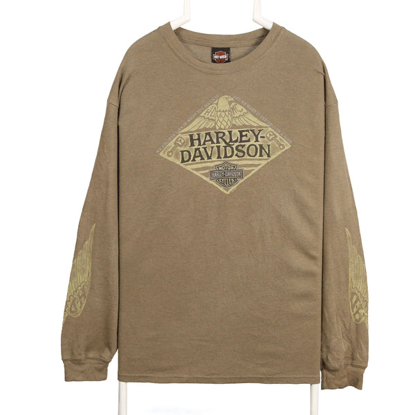 Harley Davidson 90's Long Sleeve Back Print T Shirt XLarge Khaki Green