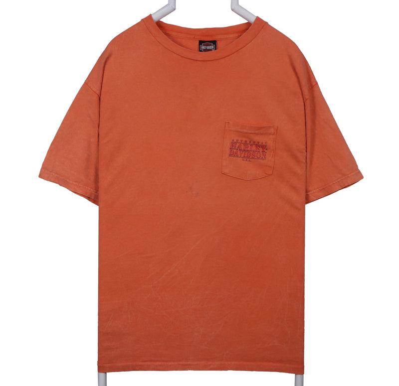 Harley Davidson 90's Pocket Back Print Short Sleeve Crewneck T Shirt XLarge Orange