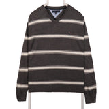 Tommy Hilfiger 90's Knitted V Neck Striped Jumper Large Grey