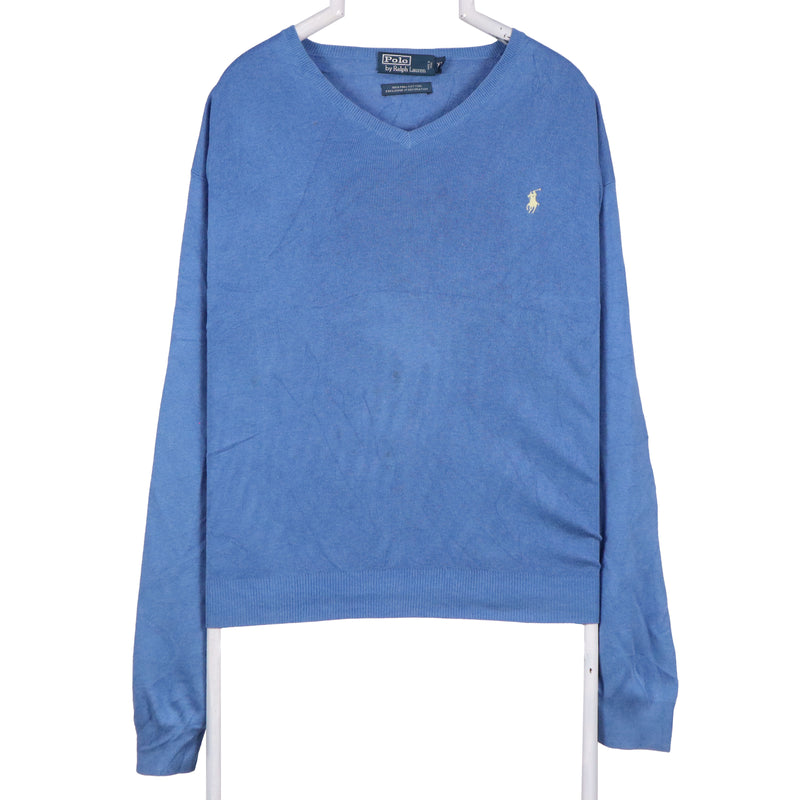 Polo Ralph Lauren 90's Knitted V Neck Jumper / Sweater XLarge Blue