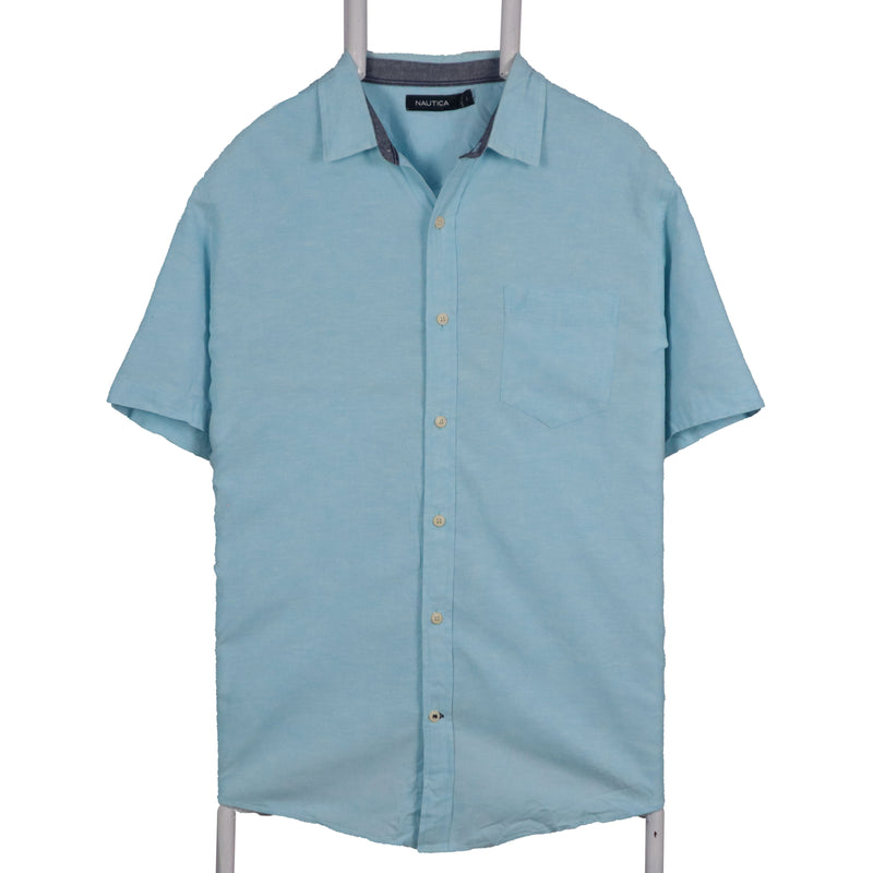 Nautica 90's Plain Short Sleeve Button Up Shirt Large Blue