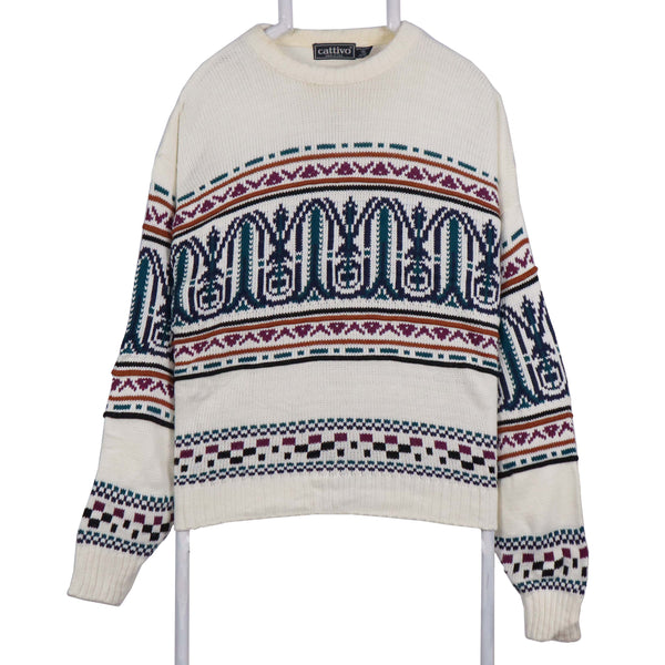 Cattivo 90's Heavyweight Knitted Crewneck Jumper / Sweater XLarge White