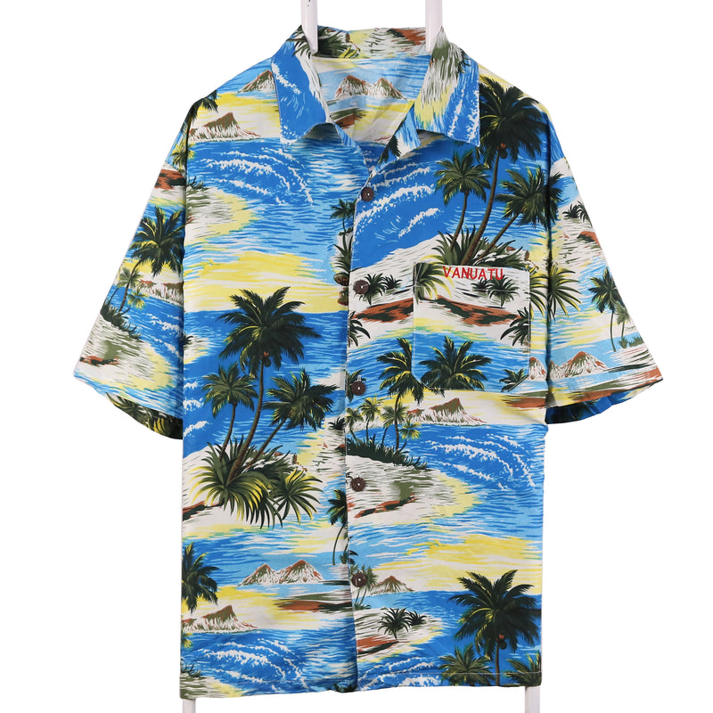 Van Heusen 90's Hawaiian Pattern Short Sleeve Button Up Shirt Large Blue