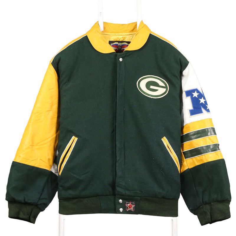 NFL 90's Heavyweight Button Up Back Print Varsity Jacket Large Green
