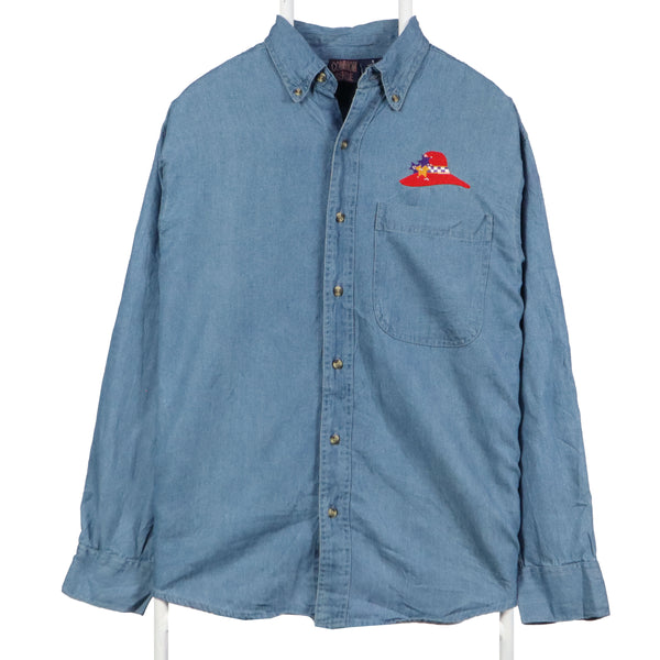 Common Sense 90's Red Hat Denim Shirt Long Sleeve Button Up Shirt Small Blue